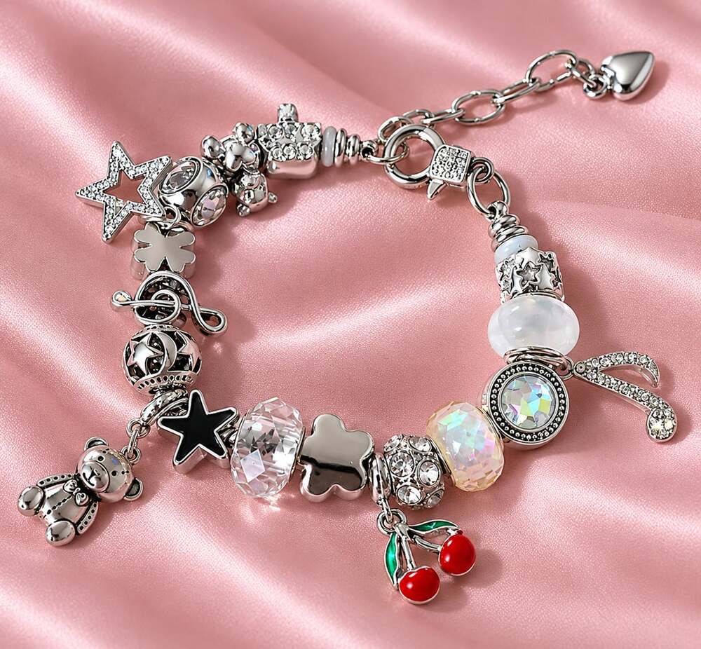 Teddy Bear Cherry Charm Bracelet – Silver, Crystal, Star & Heart Charms